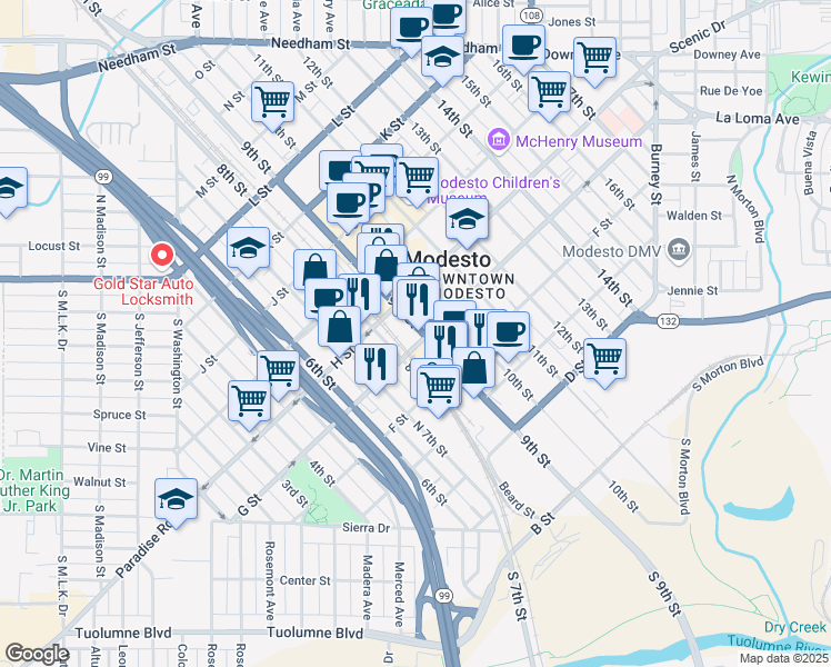 map of restaurants, bars, coffee shops, grocery stores, and more near 709 9th Street in Modesto