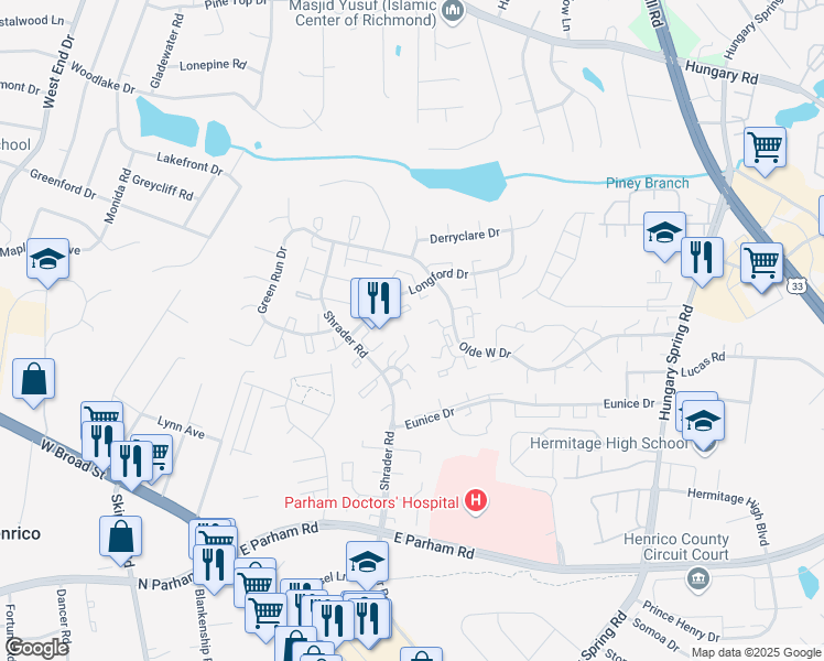map of restaurants, bars, coffee shops, grocery stores, and more near 8422 O'Bannon Court in Richmond