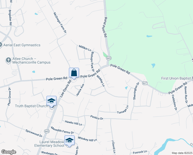map of restaurants, bars, coffee shops, grocery stores, and more near 6483 Midday Lane in Mechanicsville