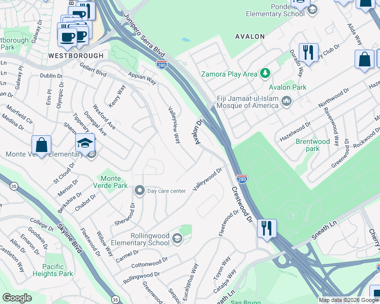 map of restaurants, bars, coffee shops, grocery stores, and more near 178 Valleyview Way in South San Francisco