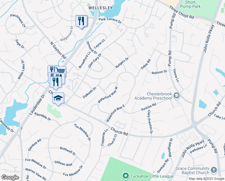 map of restaurants, bars, coffee shops, grocery stores, and more near 2842 Waterford Way West in Richmond