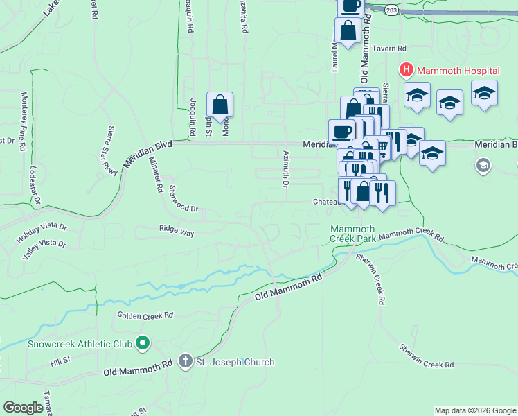 map of restaurants, bars, coffee shops, grocery stores, and more near 3463 Chateau Road in Mammoth Lakes