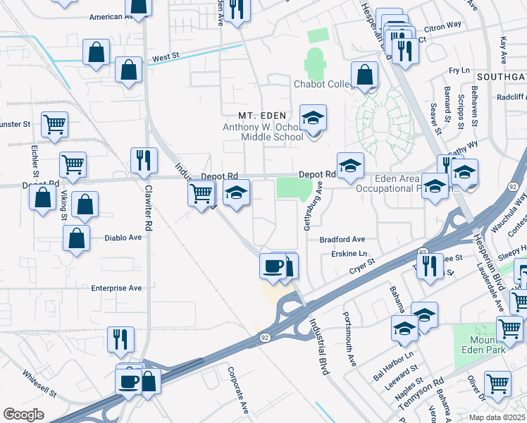 map of restaurants, bars, coffee shops, grocery stores, and more near 25710 Industrial Boulevard in Hayward