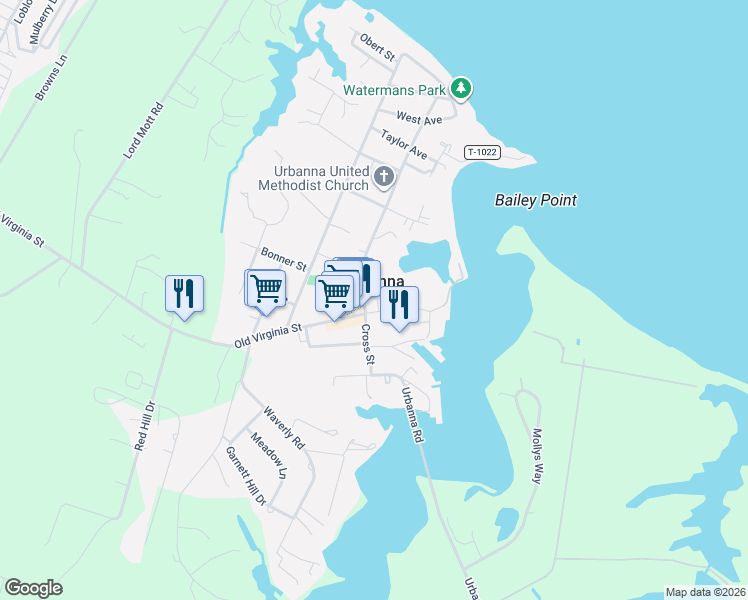 map of restaurants, bars, coffee shops, grocery stores, and more near 213 State Route 602 in Urbanna
