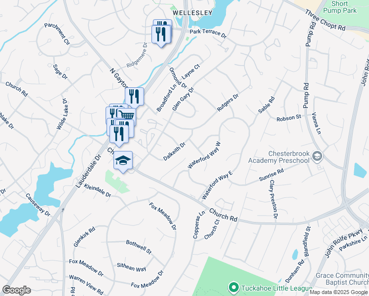 map of restaurants, bars, coffee shops, grocery stores, and more near 2801 Dalkeith Drive in Richmond
