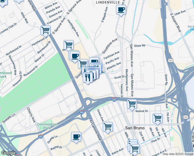 map of restaurants, bars, coffee shops, grocery stores, and more near 1150 El Camino Real in San Bruno