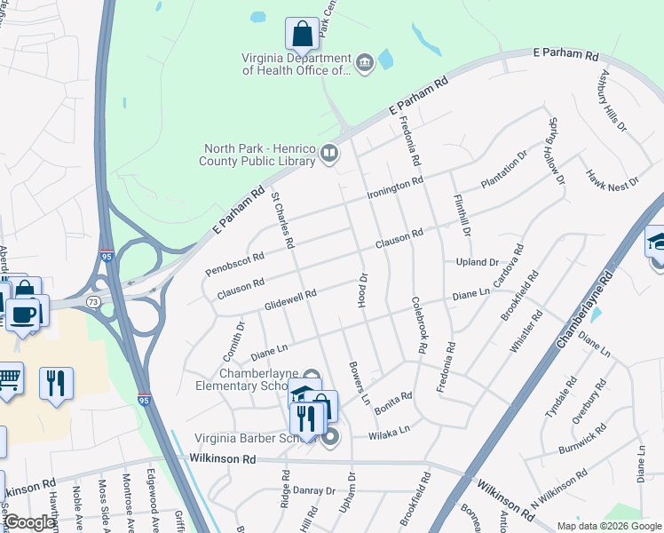 map of restaurants, bars, coffee shops, grocery stores, and more near 905 Clauson Road in Richmond