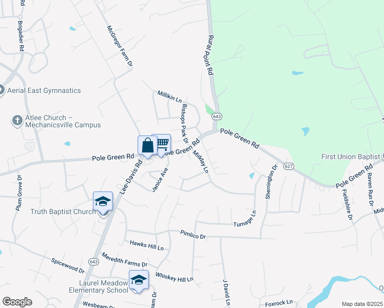 map of restaurants, bars, coffee shops, grocery stores, and more near 6483 Midday Lane in Mechanicsville