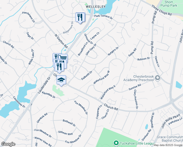 map of restaurants, bars, coffee shops, grocery stores, and more near 2801 Dalkeith Drive in Richmond