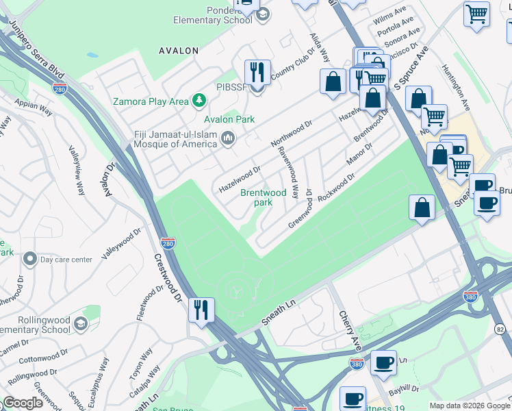 map of restaurants, bars, coffee shops, grocery stores, and more near 417 Briarwood Drive in South San Francisco