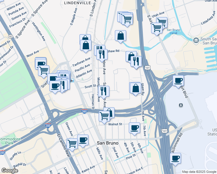 map of restaurants, bars, coffee shops, grocery stores, and more near 1098 San Mateo Avenue in South San Francisco