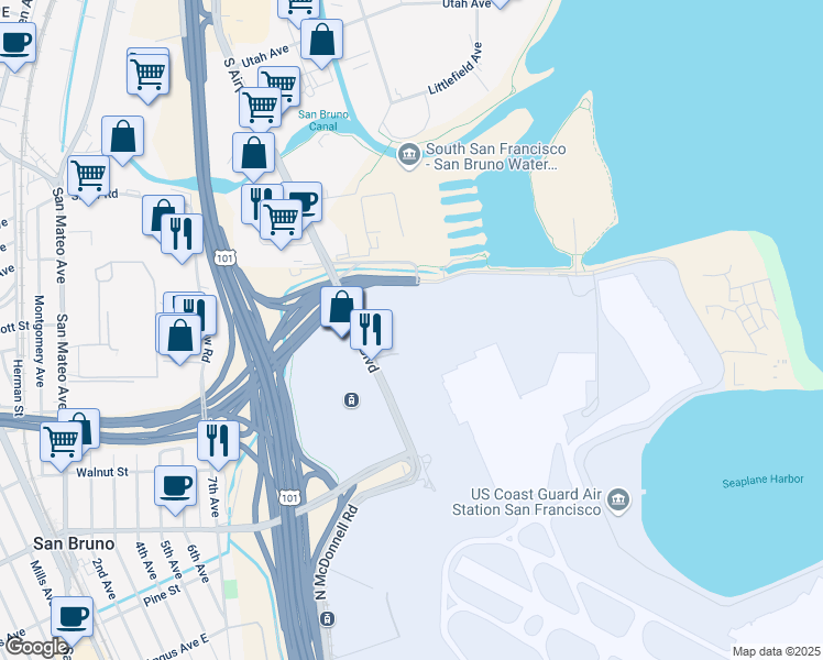map of restaurants, bars, coffee shops, grocery stores, and more near 800 South Airport Boulevard in San Francisco