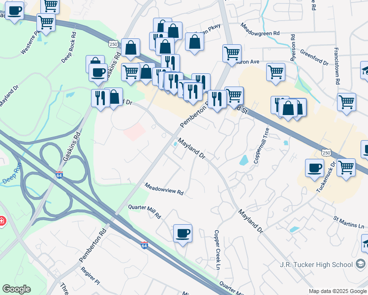 map of restaurants, bars, coffee shops, grocery stores, and more near 3424 Bartley Pond Place in Richmond