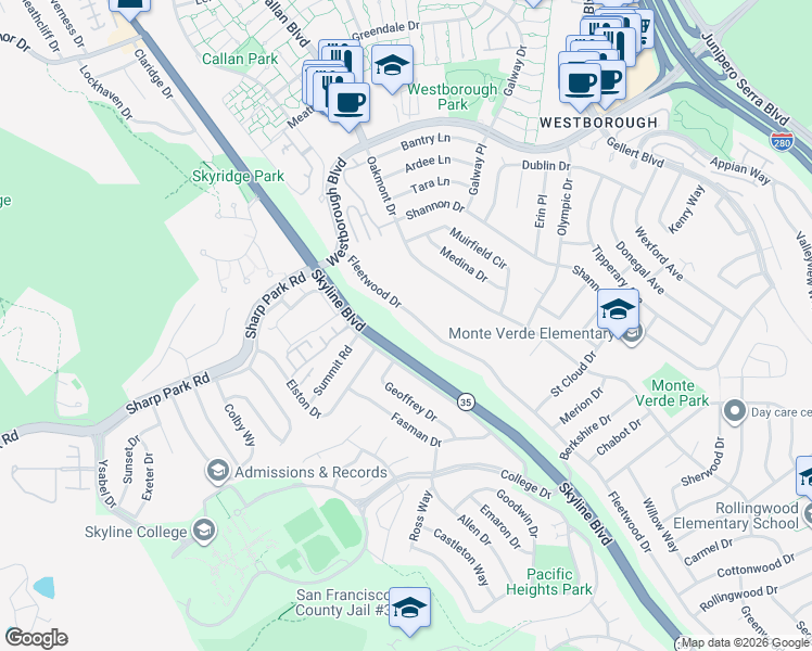 map of restaurants, bars, coffee shops, grocery stores, and more near 3601 Fleetwood Drive in San Bruno