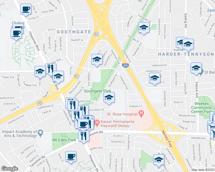 map of restaurants, bars, coffee shops, grocery stores, and more near 1727 Southgate Street in Hayward