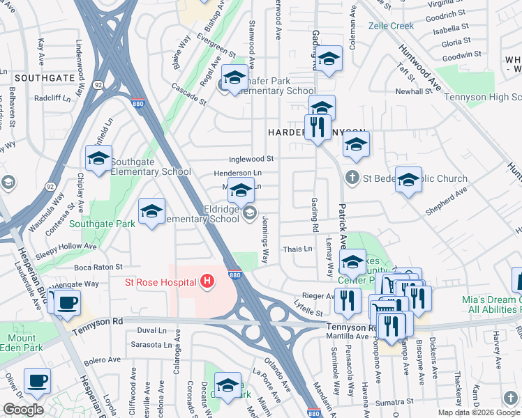 map of restaurants, bars, coffee shops, grocery stores, and more near 26848 Eldridge Avenue in Hayward