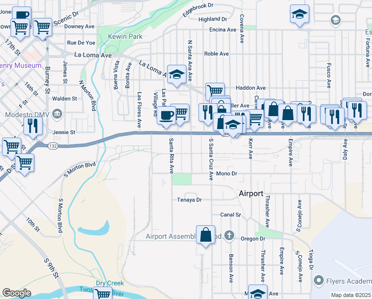 map of restaurants, bars, coffee shops, grocery stores, and more near 210 South Santa Ana Avenue in Modesto