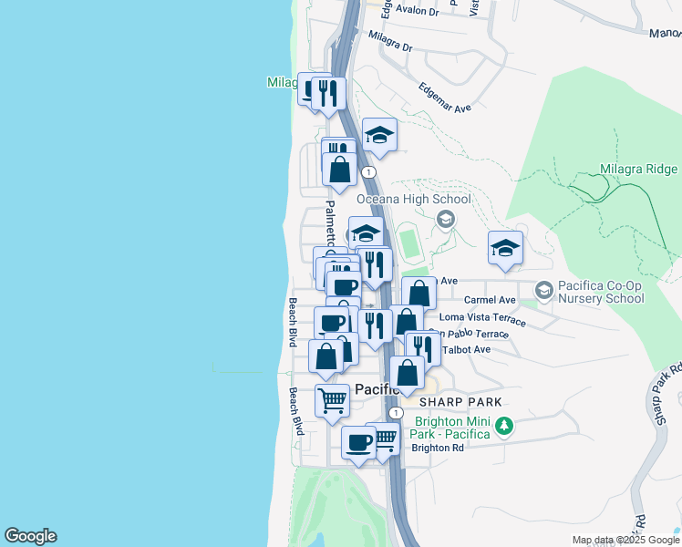map of restaurants, bars, coffee shops, grocery stores, and more near 129 Paloma Avenue in Pacifica