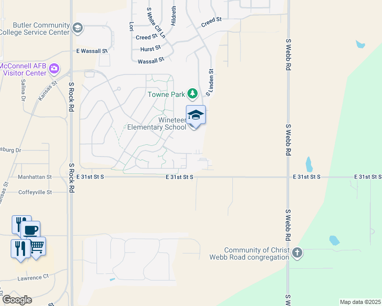 map of restaurants, bars, coffee shops, grocery stores, and more near 2801 South Arnold Boulevard in Wichita
