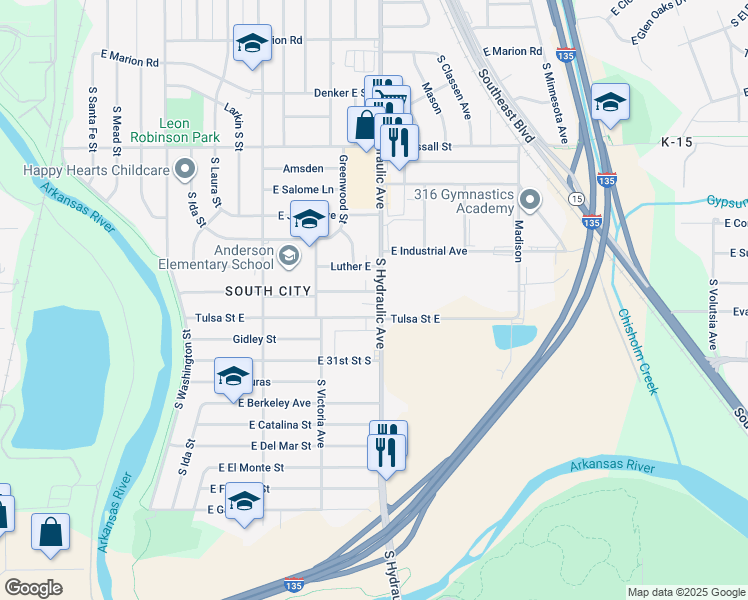 map of restaurants, bars, coffee shops, grocery stores, and more near in Wichita