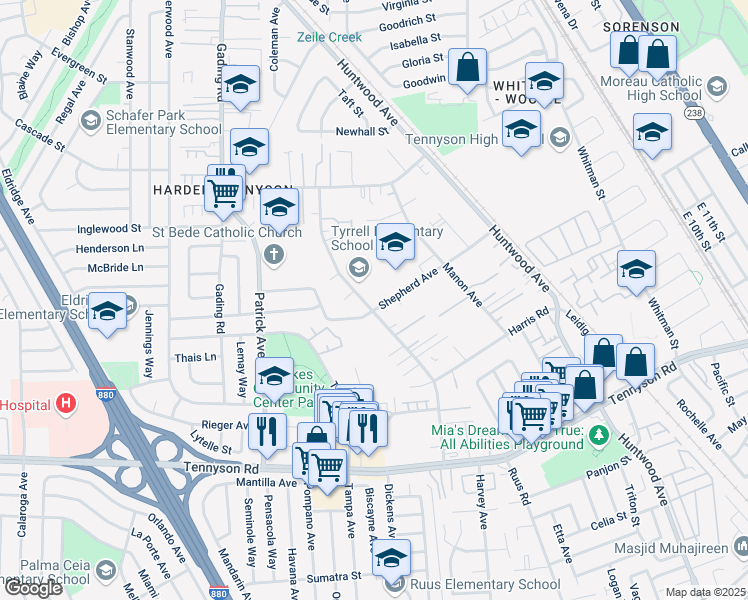 map of restaurants, bars, coffee shops, grocery stores, and more near 683 Shepherd Avenue in Hayward