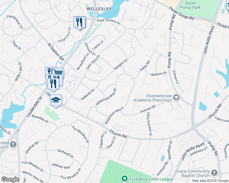 map of restaurants, bars, coffee shops, grocery stores, and more near 12110 Waterford Way East Court in Richmond