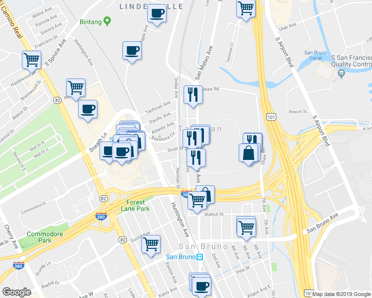 map of restaurants, bars, coffee shops, grocery stores, and more near 109 Scott Street in San Bruno