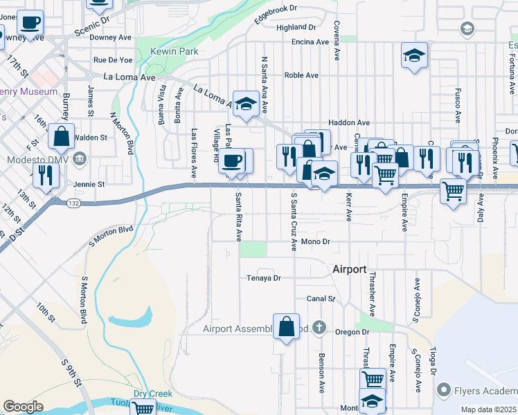 map of restaurants, bars, coffee shops, grocery stores, and more near 210 South Santa Ana Avenue in Modesto