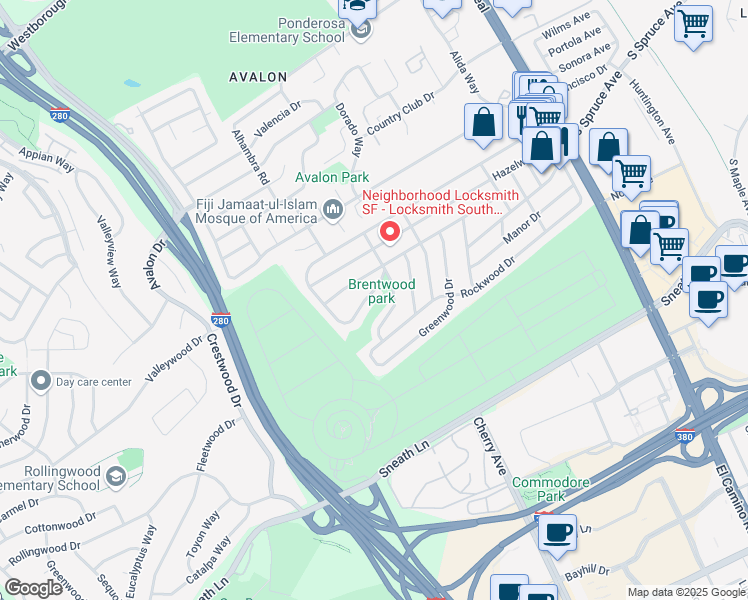 map of restaurants, bars, coffee shops, grocery stores, and more near 415 Briarwood Drive in South San Francisco