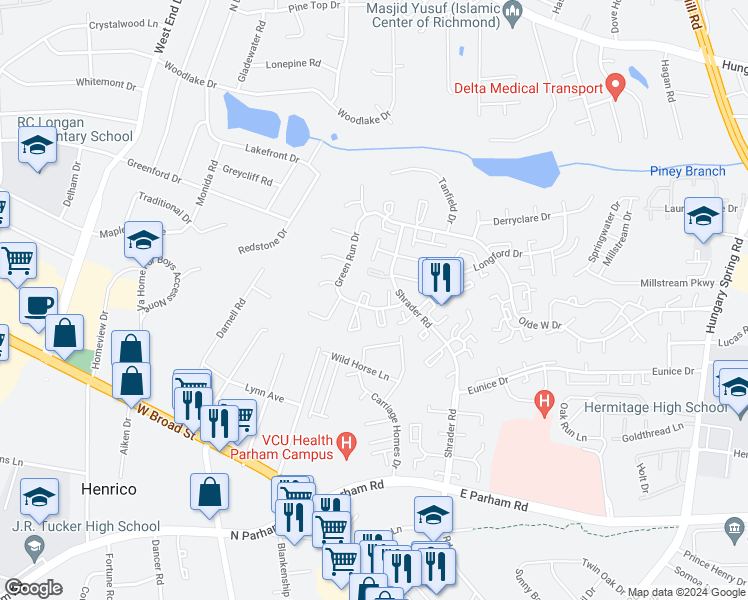 map of restaurants, bars, coffee shops, grocery stores, and more near 4905 Cavan Green Court in Henrico