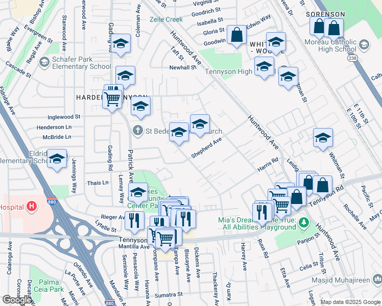 map of restaurants, bars, coffee shops, grocery stores, and more near 665 Shepherd Avenue in Hayward