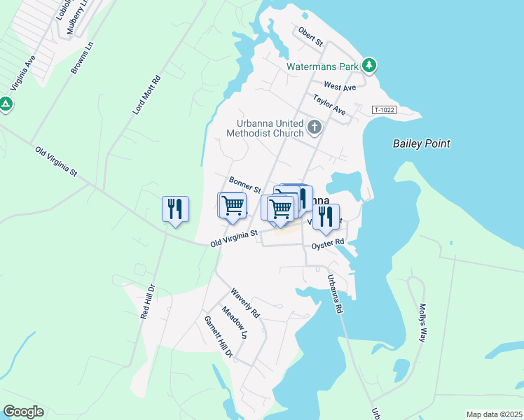 map of restaurants, bars, coffee shops, grocery stores, and more near 161 Rappahannock Avenue in Urbanna