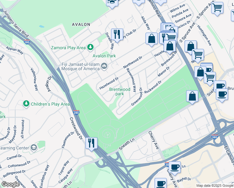 map of restaurants, bars, coffee shops, grocery stores, and more near 415 Briarwood Drive in South San Francisco