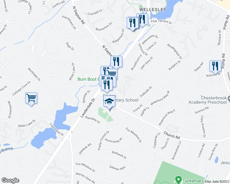 map of restaurants, bars, coffee shops, grocery stores, and more near 12024 Courtyard Glen Place in Richmond