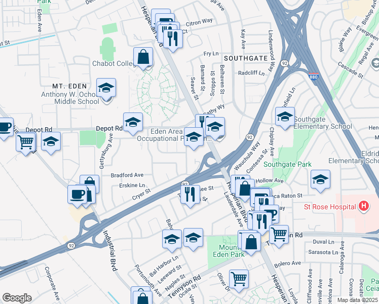 map of restaurants, bars, coffee shops, grocery stores, and more near 26280 Adrian Avenue in Hayward