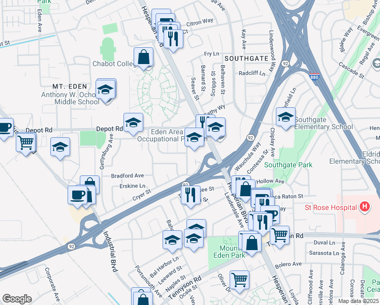 map of restaurants, bars, coffee shops, grocery stores, and more near 26280 Adrian Avenue in Hayward