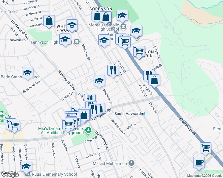 map of restaurants, bars, coffee shops, grocery stores, and more near 355 Burke Drive in Hayward