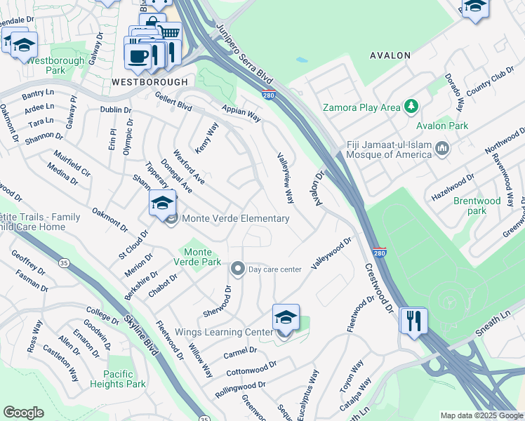 map of restaurants, bars, coffee shops, grocery stores, and more near 324 Merimont Circle in San Bruno