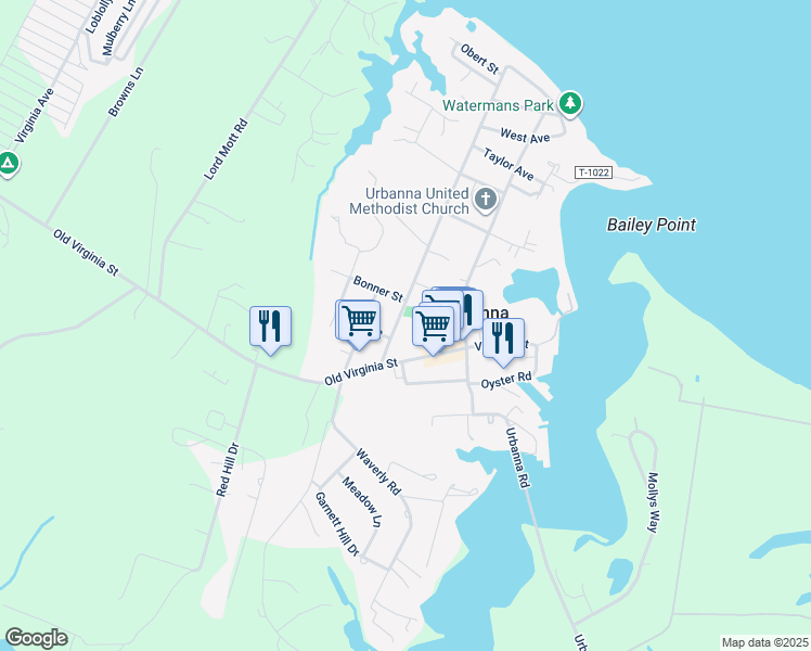 map of restaurants, bars, coffee shops, grocery stores, and more near 161 Rappahannock Avenue in Urbanna