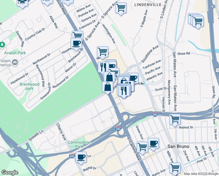 map of restaurants, bars, coffee shops, grocery stores, and more near 1199 El Camino Real in San Bruno