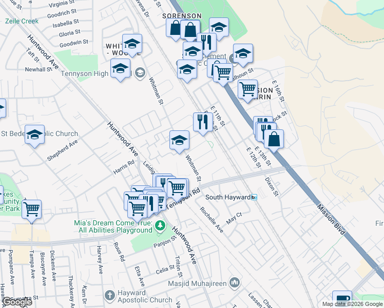 map of restaurants, bars, coffee shops, grocery stores, and more near 337 Thorne Drive in Hayward