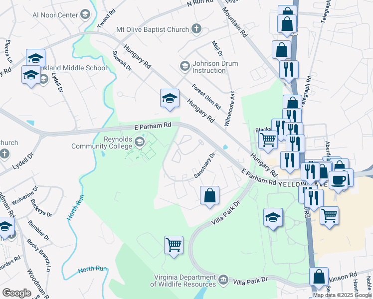 map of restaurants, bars, coffee shops, grocery stores, and more near 1500 Forest Run Drive in Henrico