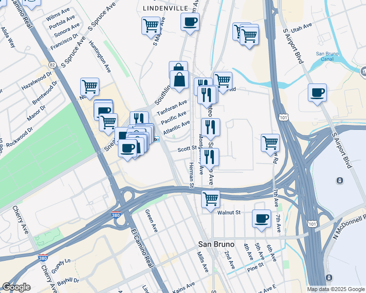map of restaurants, bars, coffee shops, grocery stores, and more near 56 Scott Street in San Bruno