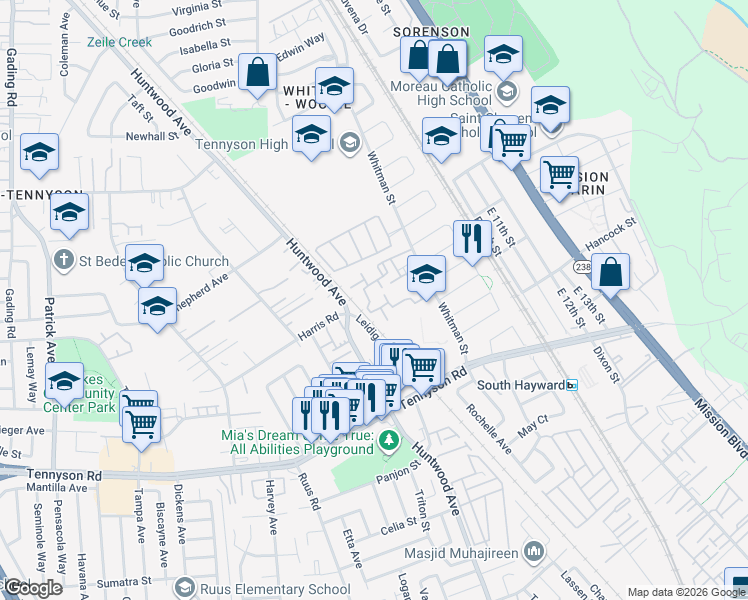 map of restaurants, bars, coffee shops, grocery stores, and more near 27742 Eucalyptus Court in Hayward