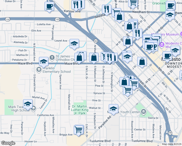 map of restaurants, bars, coffee shops, grocery stores, and more near 316 Maple Street in Modesto