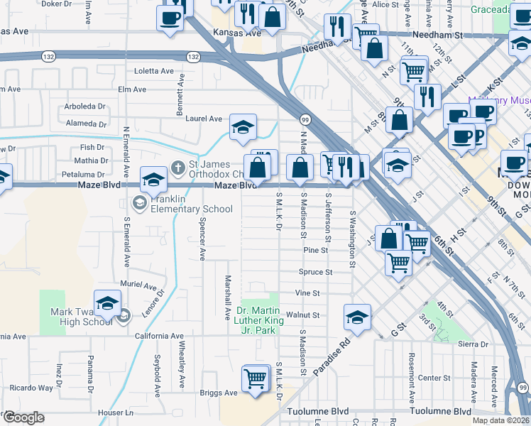 map of restaurants, bars, coffee shops, grocery stores, and more near 412 Maple Street in Modesto