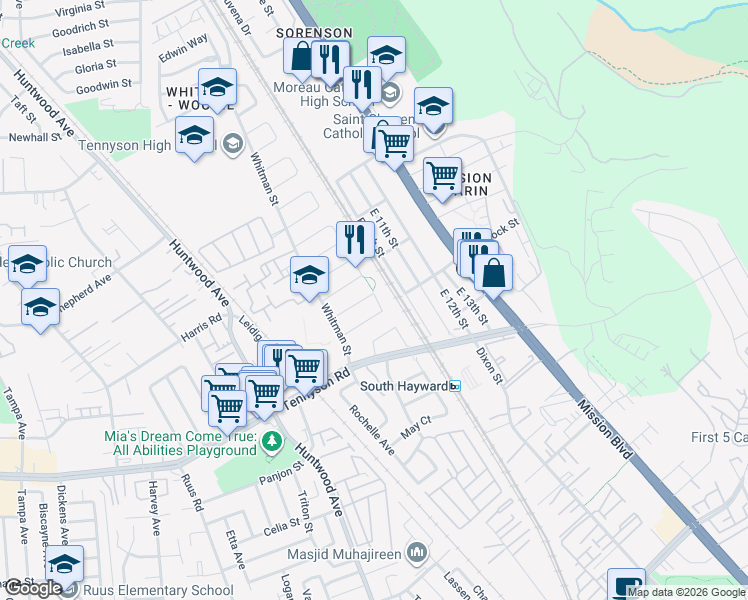 map of restaurants, bars, coffee shops, grocery stores, and more near 389 White Drive in Hayward
