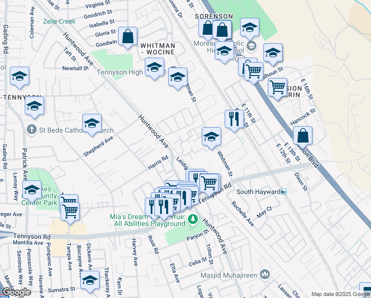 map of restaurants, bars, coffee shops, grocery stores, and more near 27742 Eucalyptus Court in Hayward