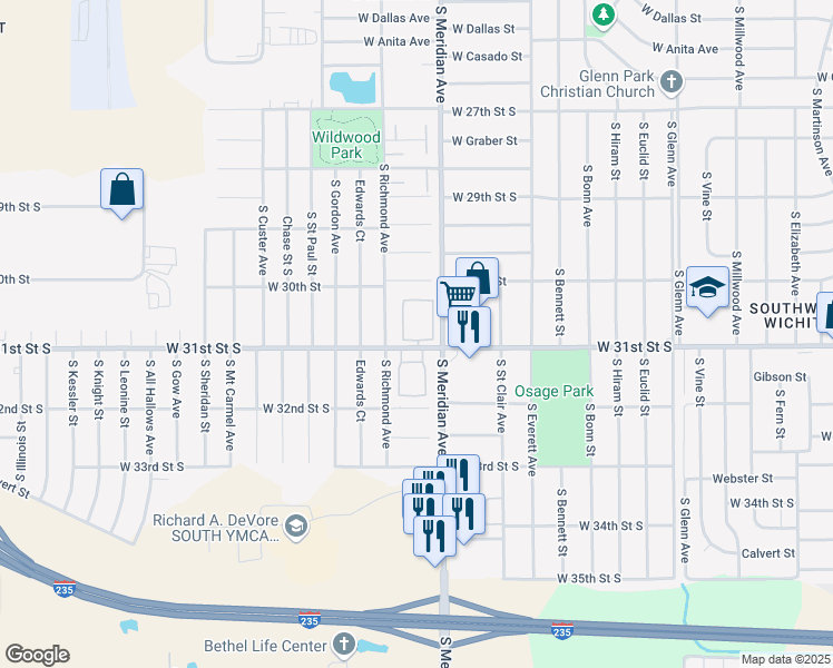 map of restaurants, bars, coffee shops, grocery stores, and more near 2526 West 31st Street South in Wichita