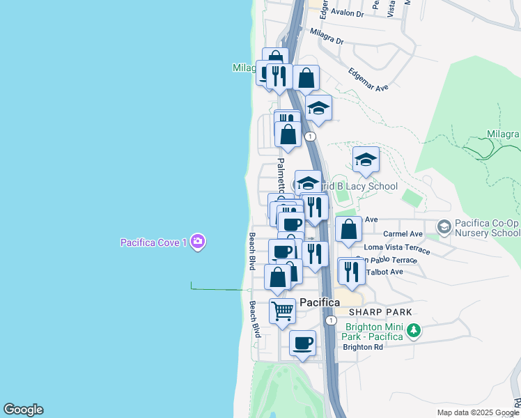 map of restaurants, bars, coffee shops, grocery stores, and more near 244 Shoreview Avenue in Pacifica